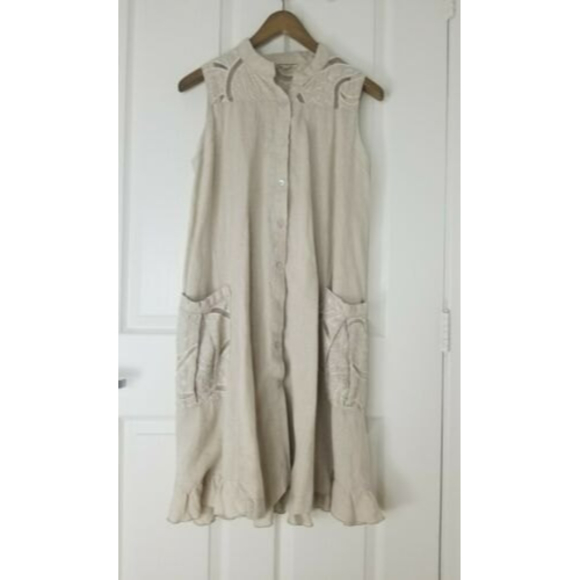 NEW Mastro Moda Med Dress 100% linen lace tent dress pockets beige ruffle button - Picture 1 of 12